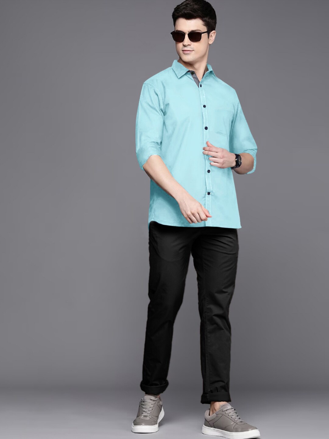 

Tee Projekt Standard Spread Collar Long Sleeves Cotton Casual Shirt, Turquoise blue