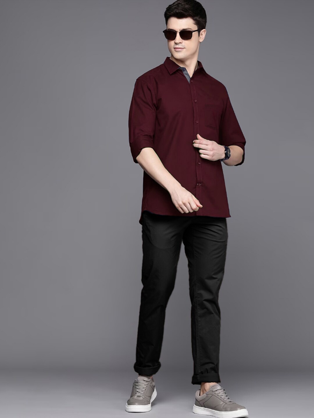 

Tee Projekt Spread Collar Standard Contrast Collar Casual Shirt, Maroon