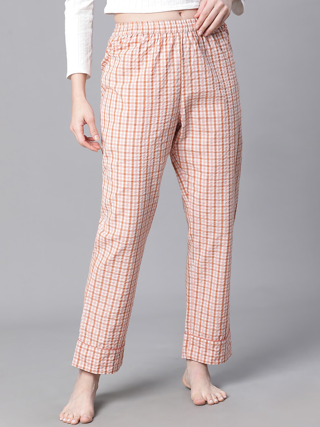 

Oxolloxo Women Checked Cotton Relaxed-Fit Straight-Leg Lounge Pant, Pink