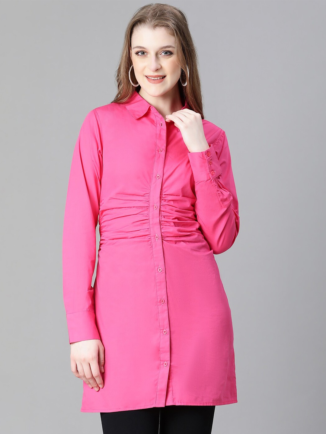 

Oxolloxo India Slim Spread Collar Gathers Longline Cotton Casual Shirt, Pink