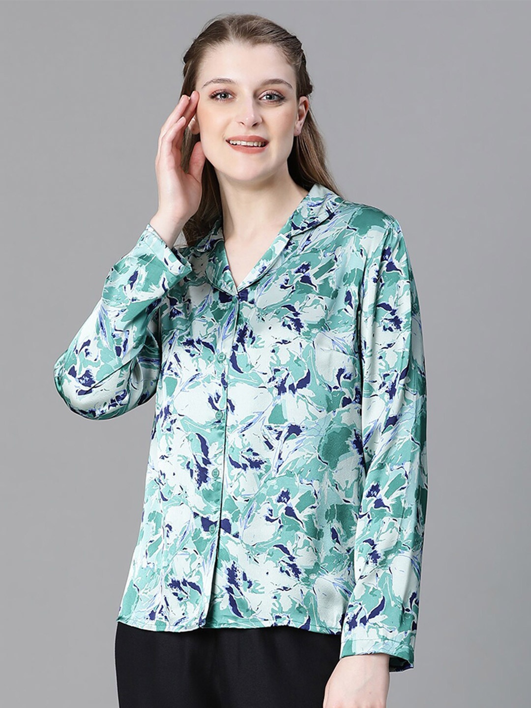 

Oxolloxo Relaxed Floral Printed Cuban Collar Casual Shirt, Green