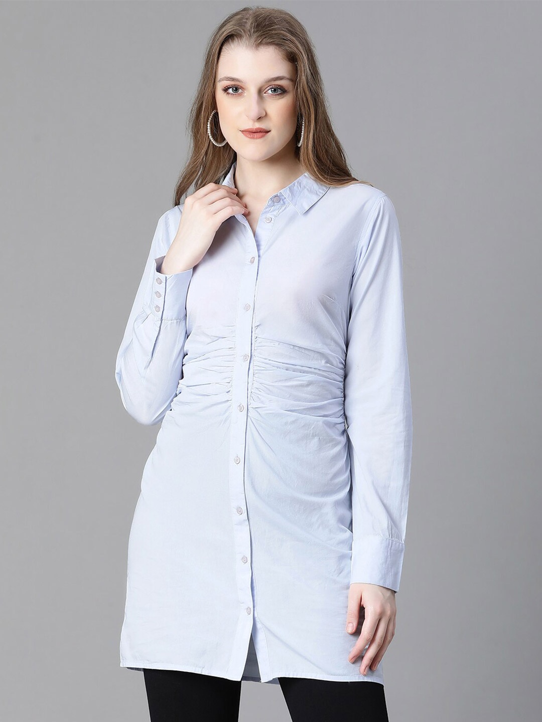 

Oxolloxo India Slim Spread Collar Gathers Longline Cotton Casual Shirt, Blue