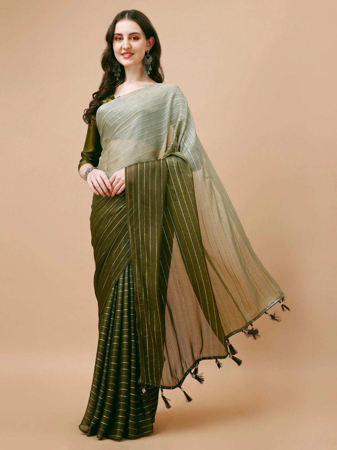 

Mitera Olive Green Striped Zari Pure Chiffon Saree