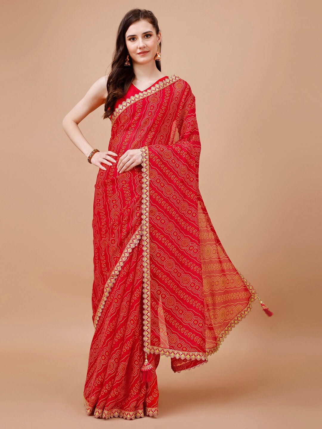 

Mitera Red Bandhani Printed Embroidered Pure Chiffon Saree