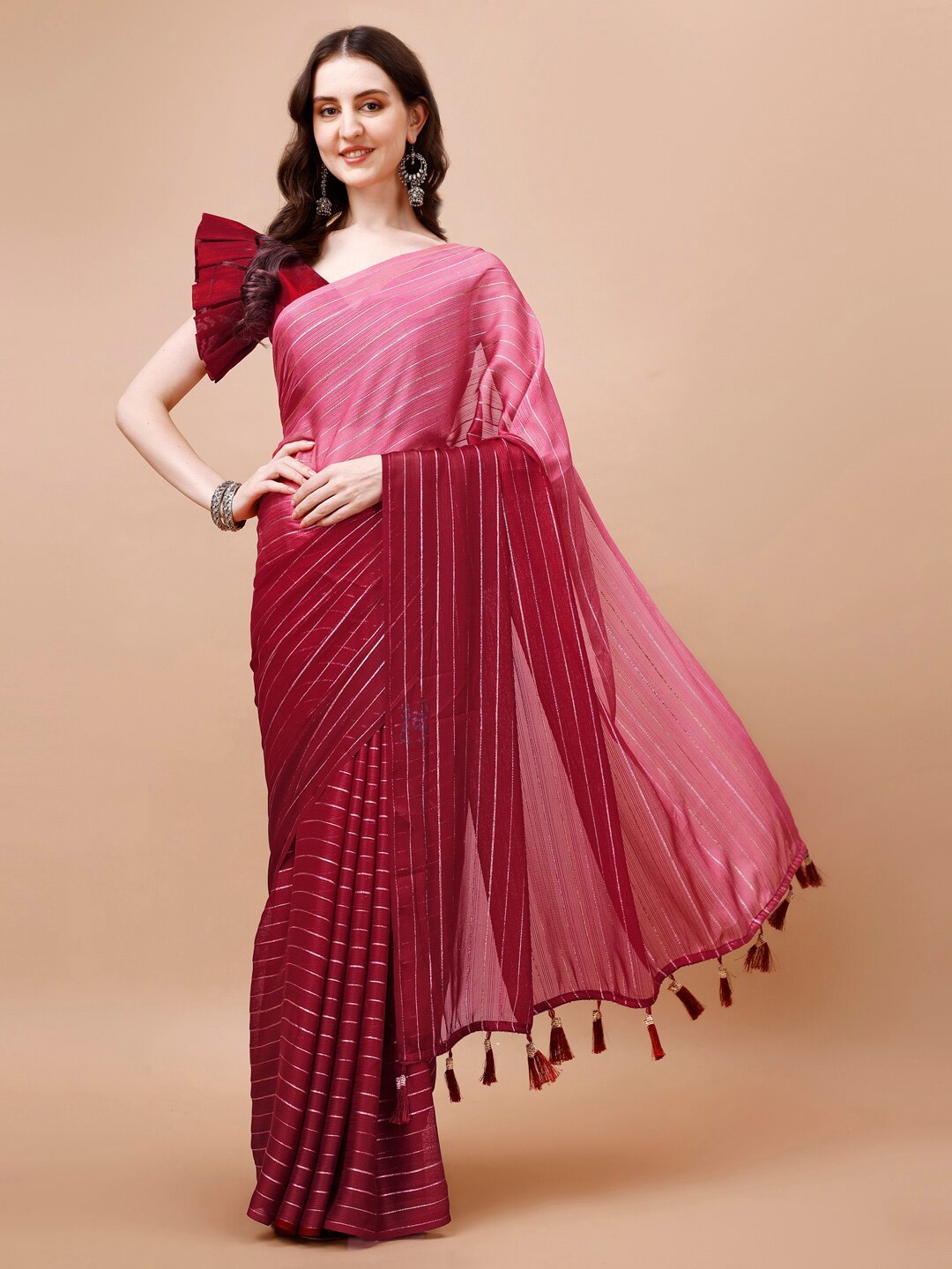 

Mitera Red Striped Zari Pure Chiffon Saree