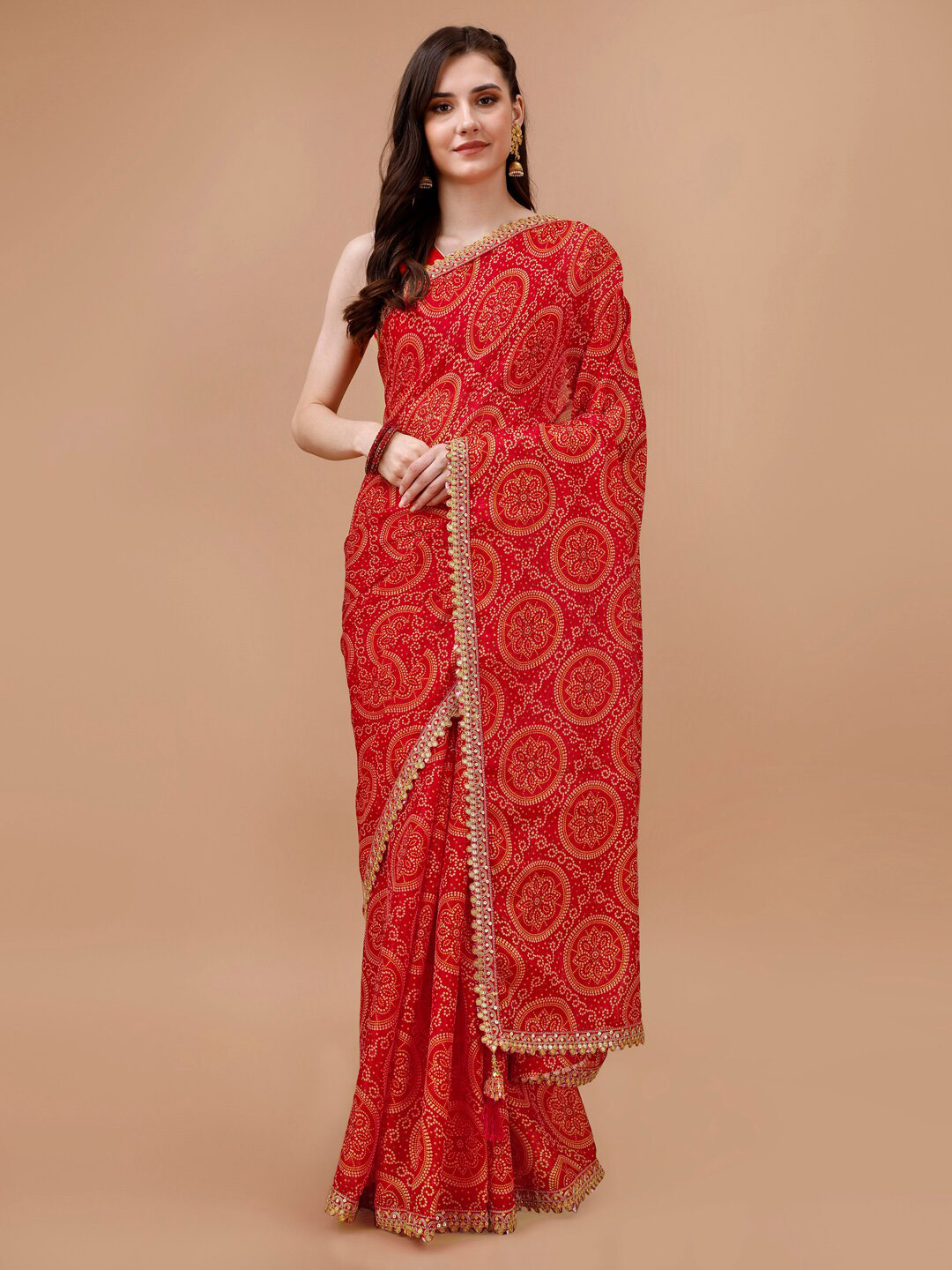 

Mitera Red Bandhani Printed Saree