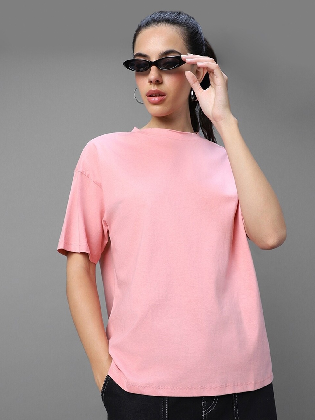 

Bewakoof Pink Drop-Shoulder Sleeves Pure Cotton Oversized T-shirt