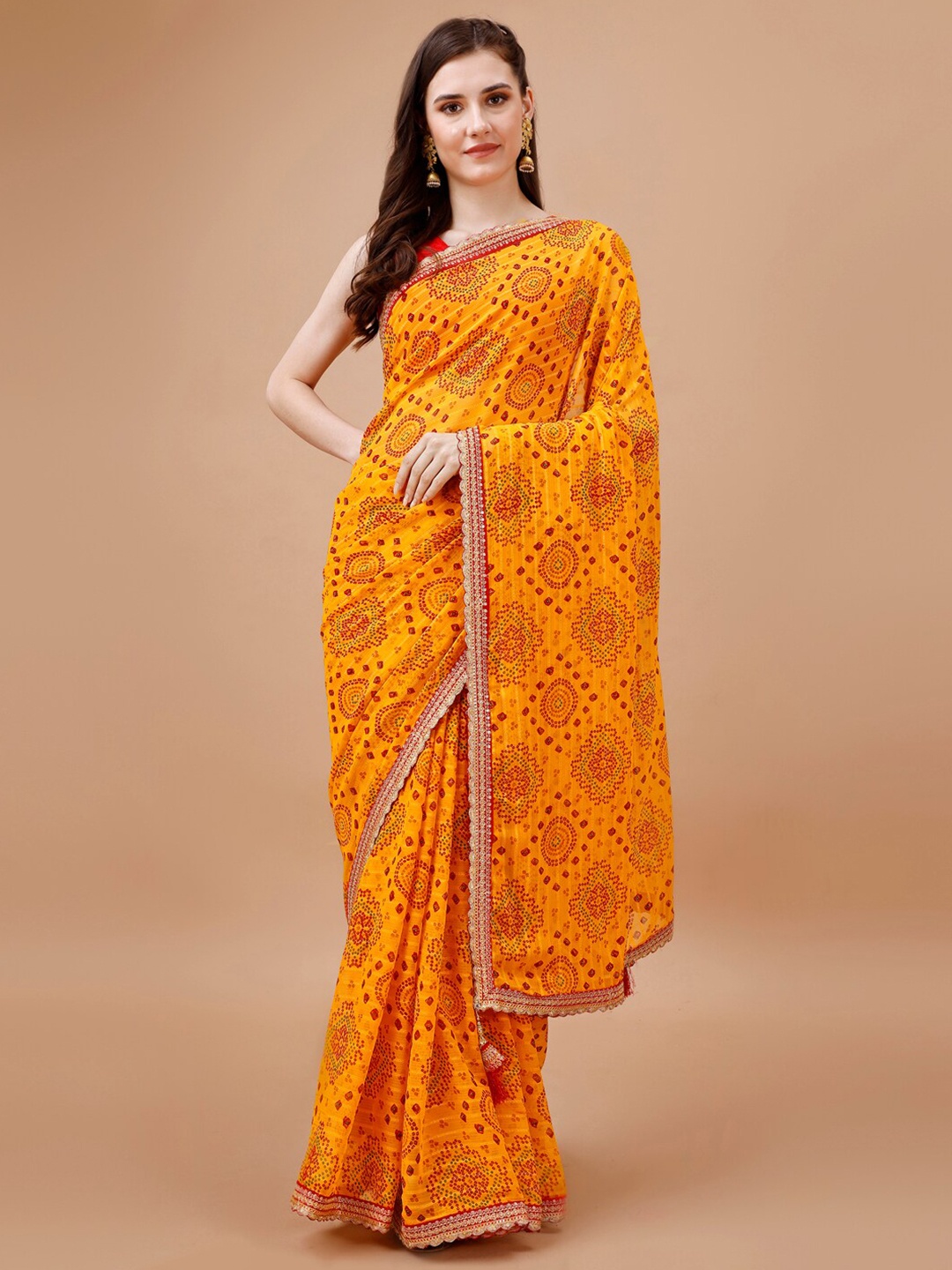 

Indian Women Bandhani Printed Embroidered Pure Georgette Saree, Yellow