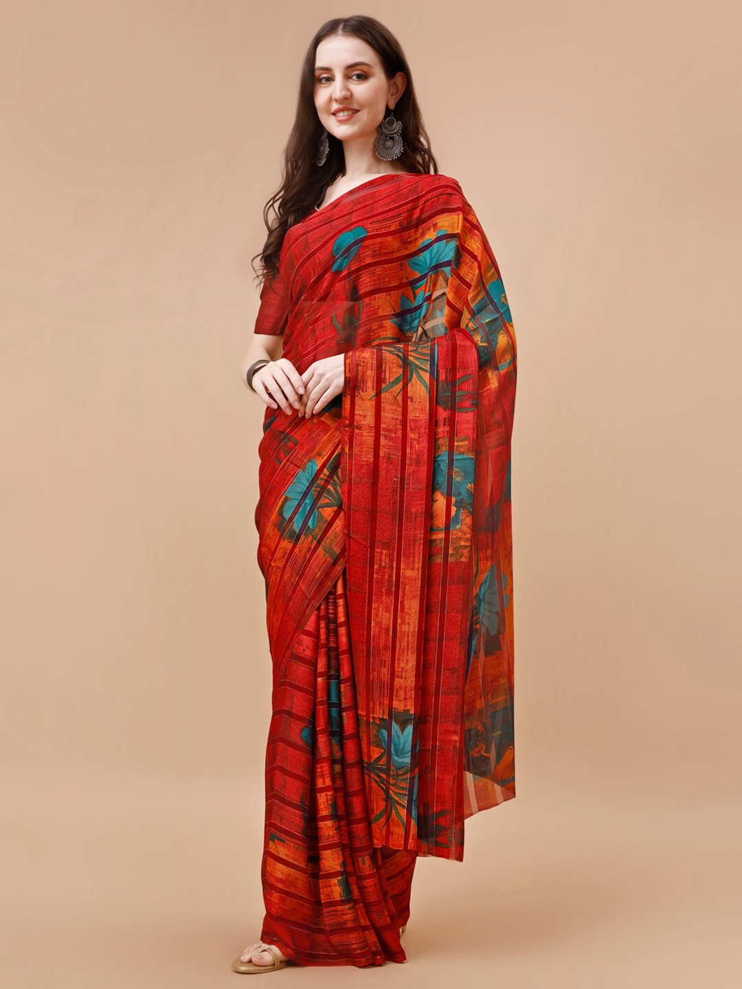 

Indian Women Floral Printed Pure Chiffon Saree, Red
