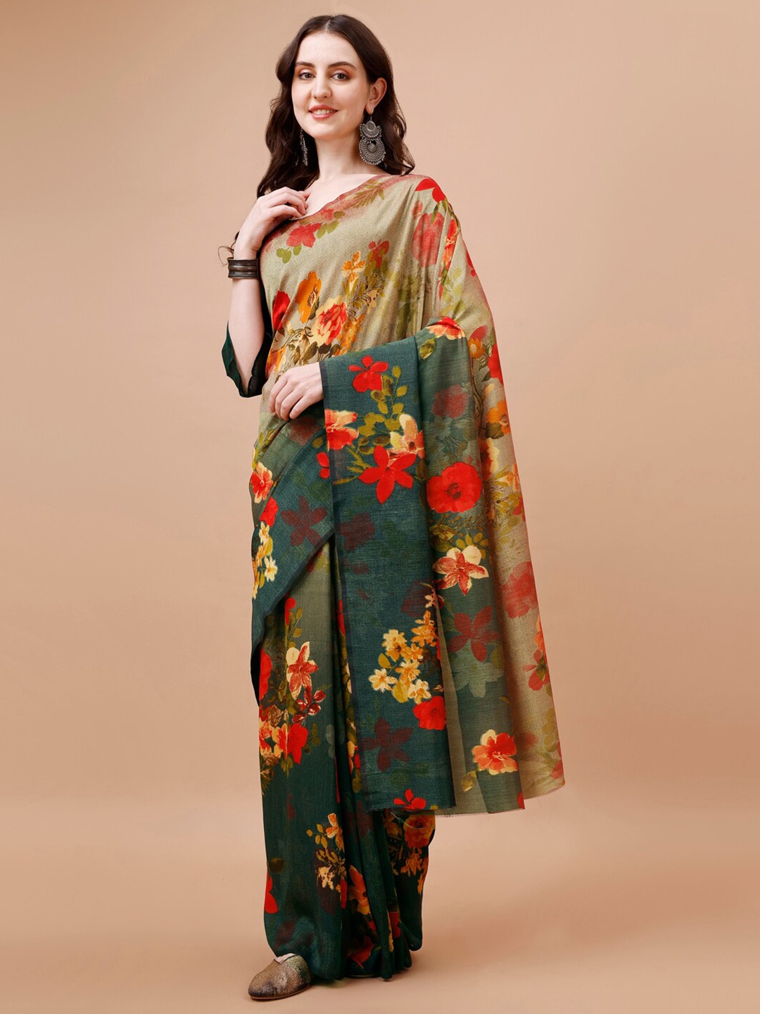 

Indian Women Floral Printed Saree, Green