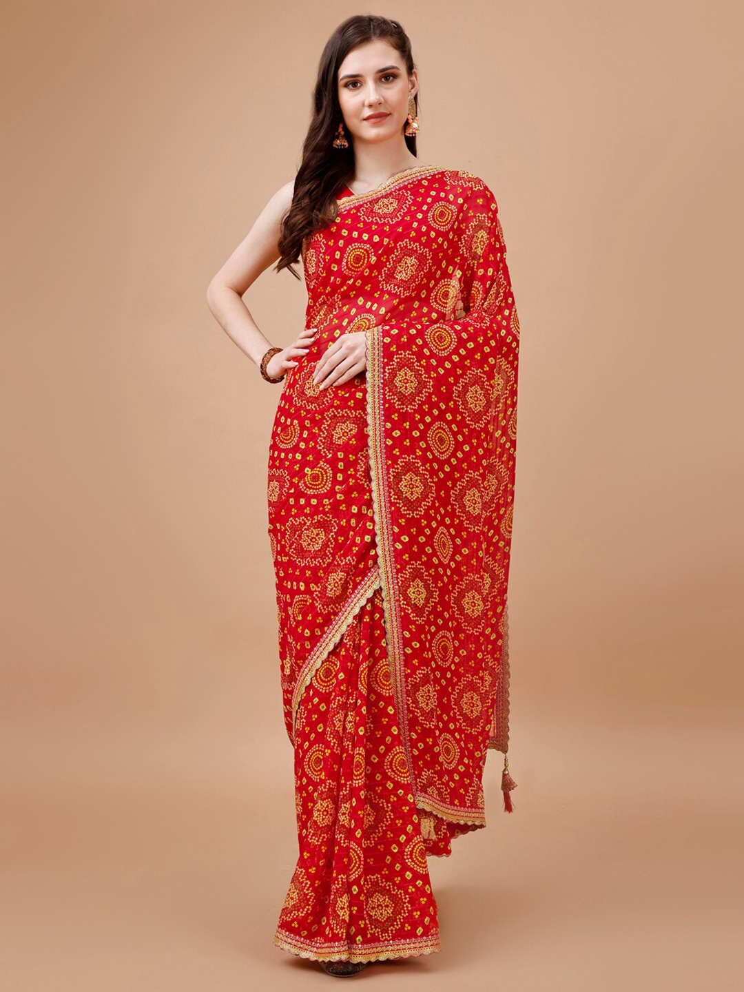 

Indian Women Bandhani Printed Saree, Red