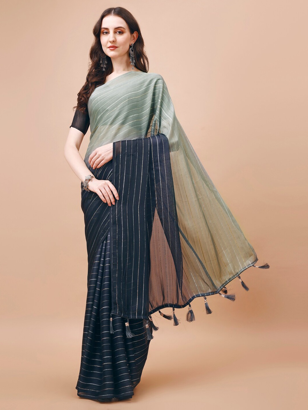 

Indian Women Striped Saree, Navy blue