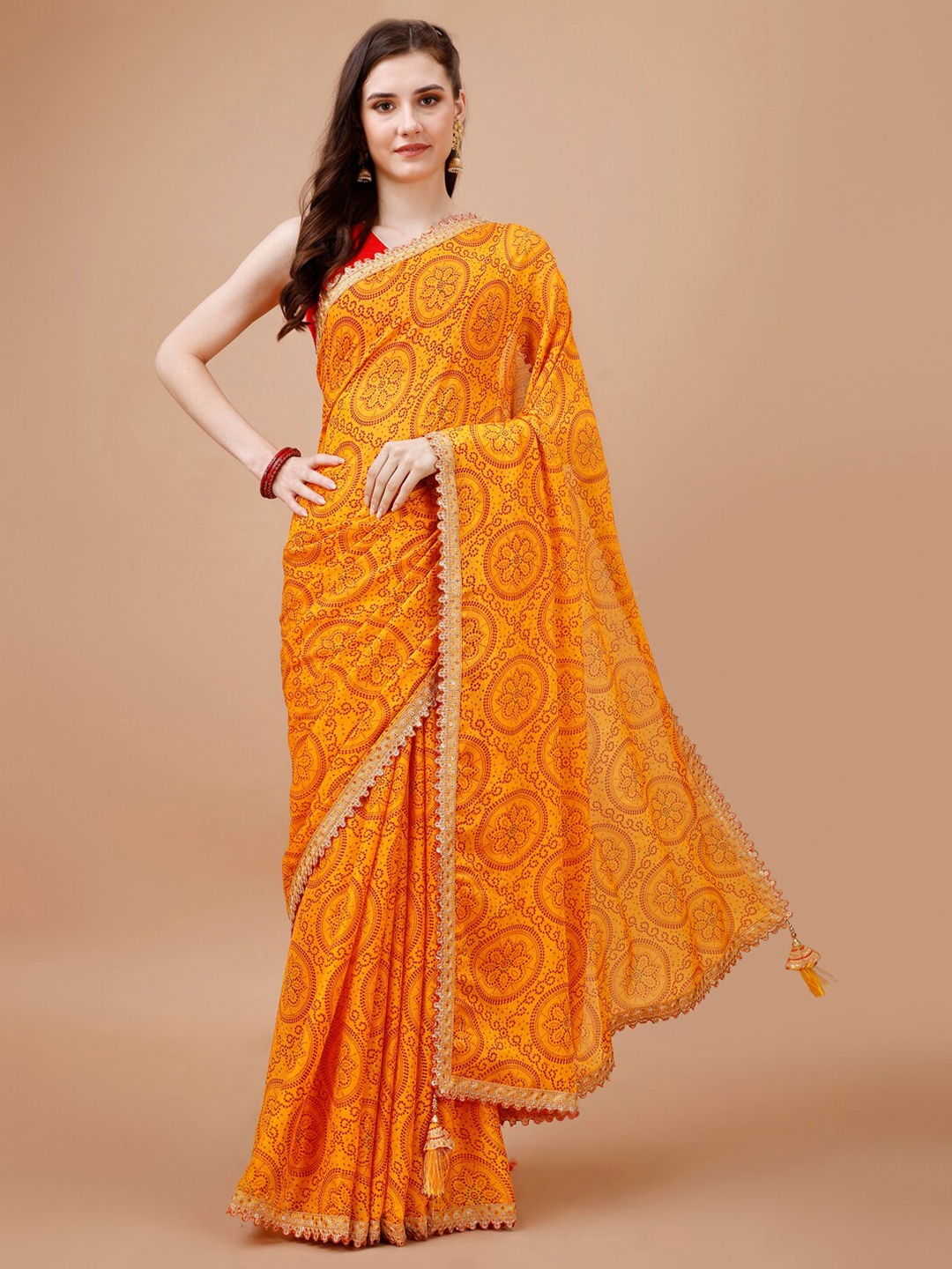 

Indian Women Bandhani Printed Saree, Yellow