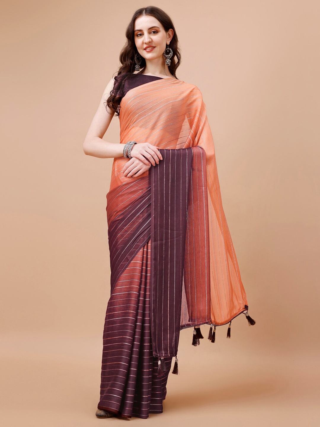 

Indian Women Striped Saree, Coral