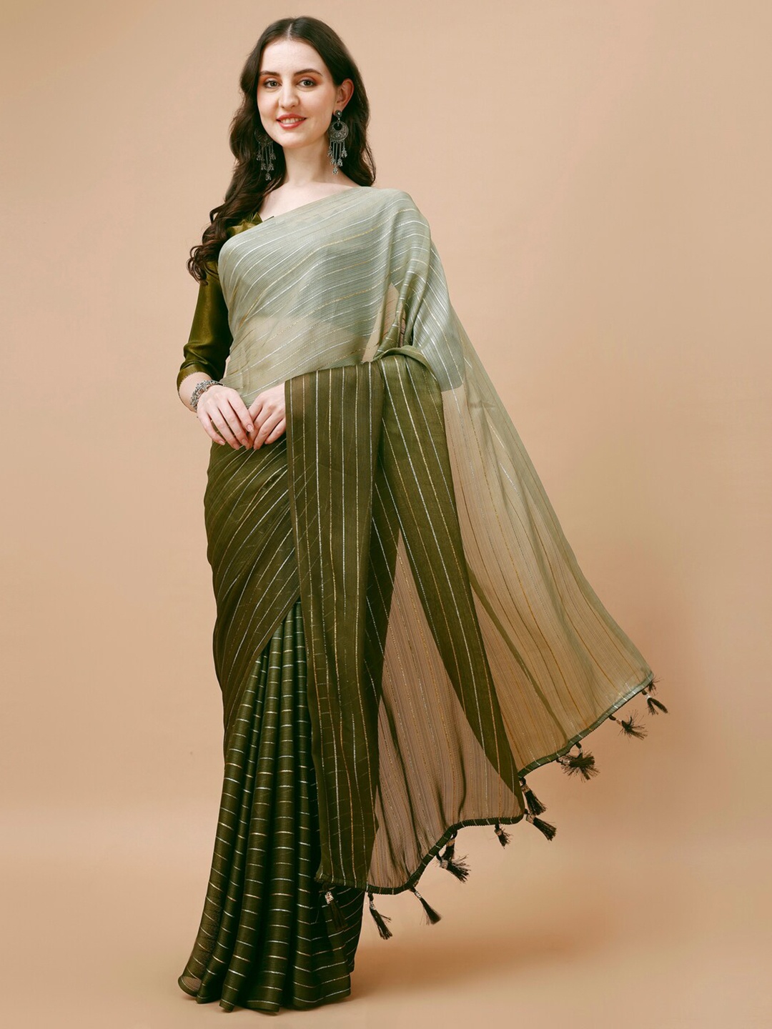 

Indian Women Striped Pure Chiffon Saree, Olive