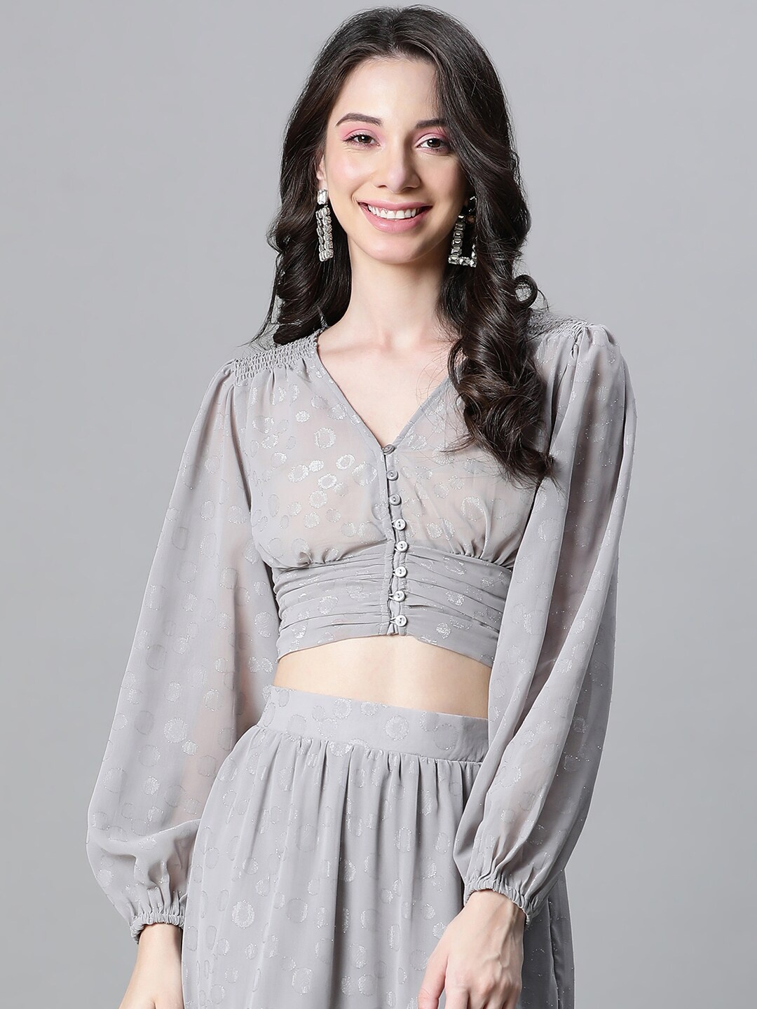 

Oxolloxo Self Designed V-Neck Crop Top, Grey