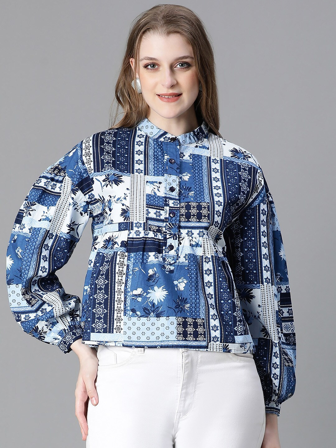 

Oxolloxo Ethnic Motif Printed Cuffed Sleeves Organic Cotton Peplum Top, Blue