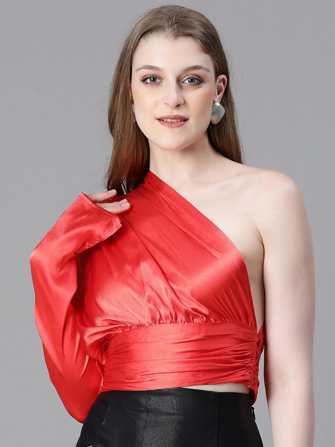 

Oxolloxo One Shoulder Gathered Fitted Crop Top, Red