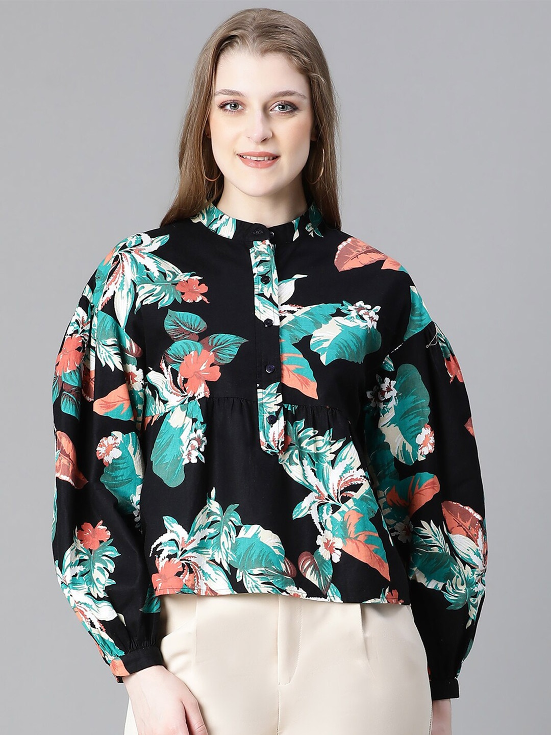 

Oxolloxo Tropical Printed Mandarin Collar Organic Cotton Top, Black
