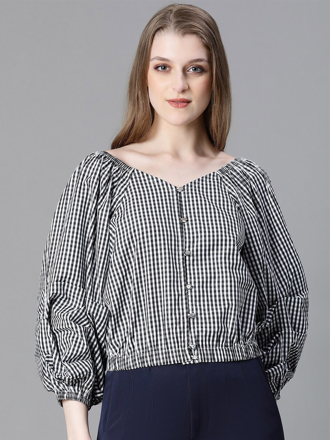 

Oxolloxo Checked V-Neck Puff Sleeves Organic Cotton Crop Top, Black