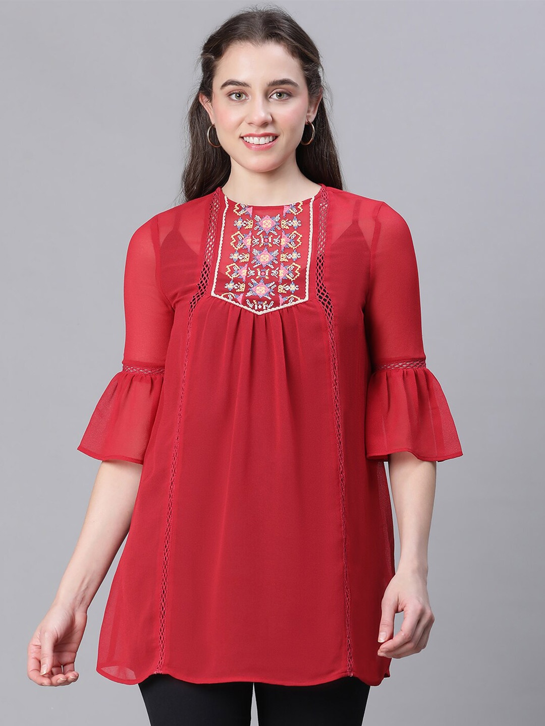 

Oxolloxo Bell Sleeve Embroidered Detail Longline Top, Red