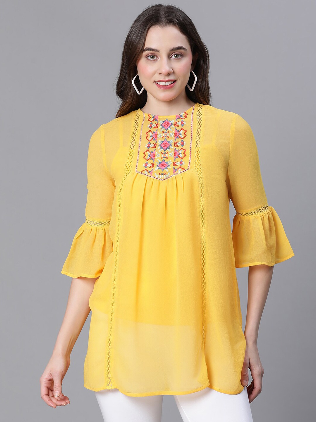 

Oxolloxo Bell Sleeve Embroidered Detail Longline Top, Yellow