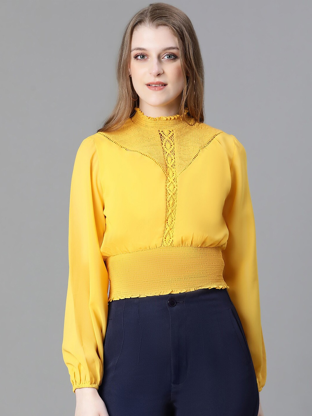 

Oxolloxo Yellow & Yellow Georgette Blouson Crop Top