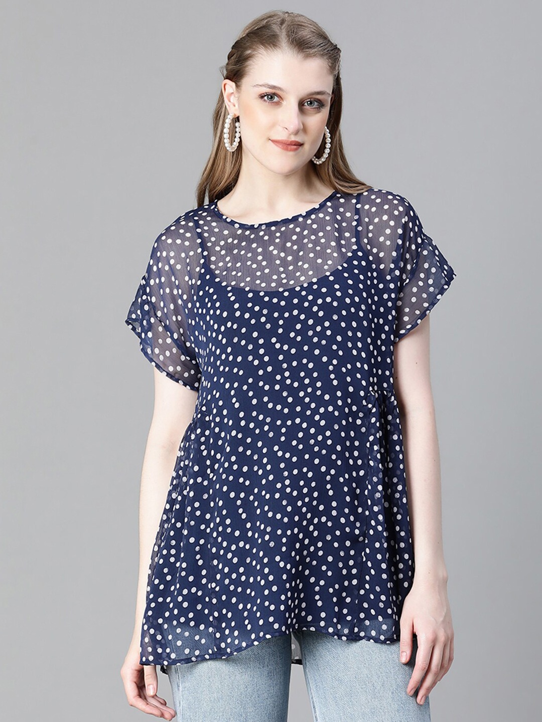 

Oxolloxo Polka Dot Printed Extended Sleeves Semi Sheer Chiffon Top, Blue