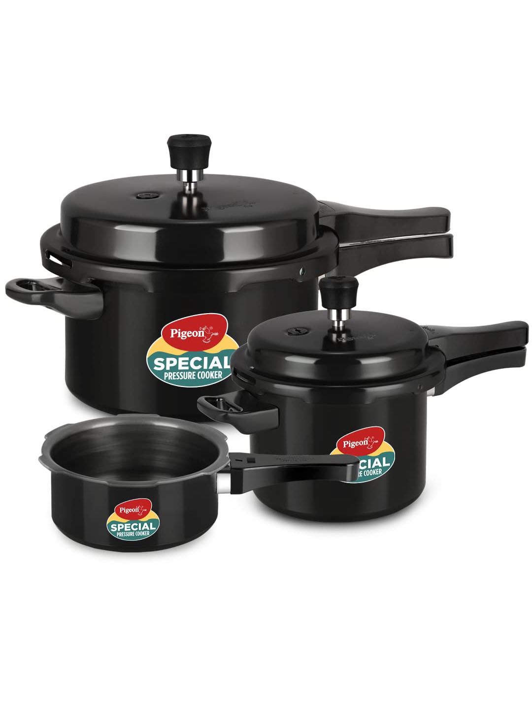

Pigeon Set of 3 Hard Anodised Outerlid Pressure Cookers with Induction base - 2, 3, 5 L, Black