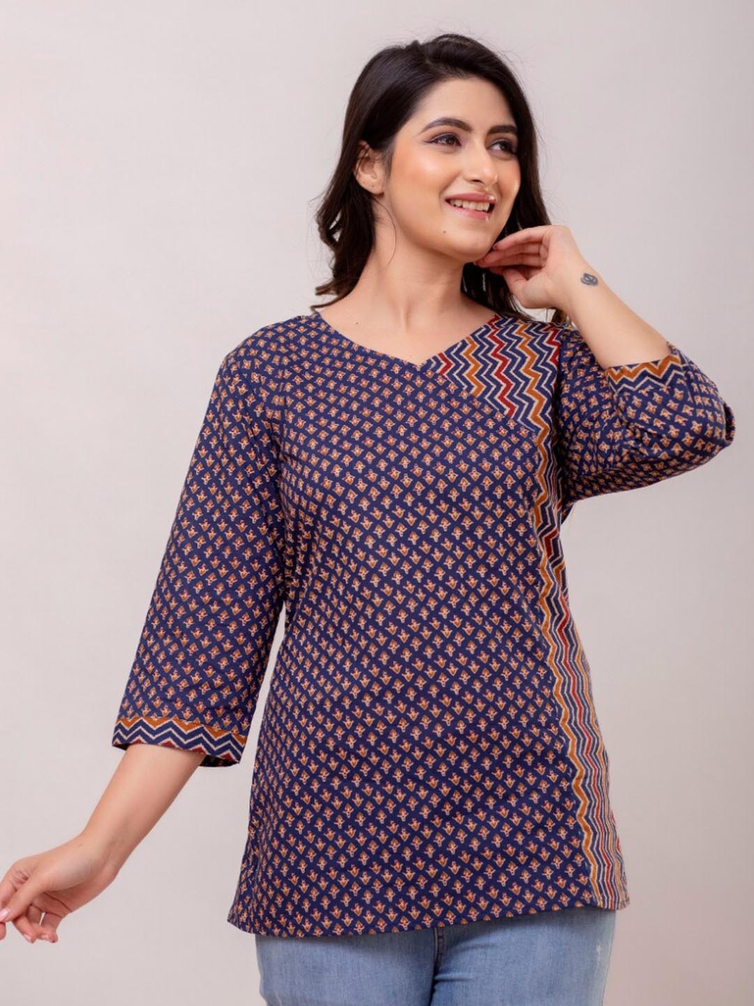 

FrionKandy ethnic Motif Printed V-Neck Pure Cotton Top, Navy blue
