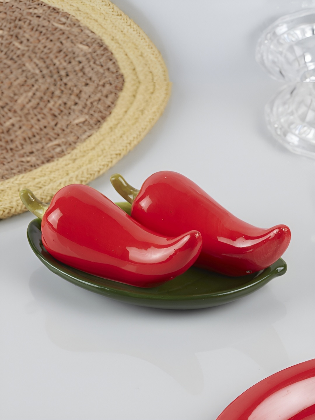 

Kookee Red Textured Ceramic Salt Pepper Container Set With Tray