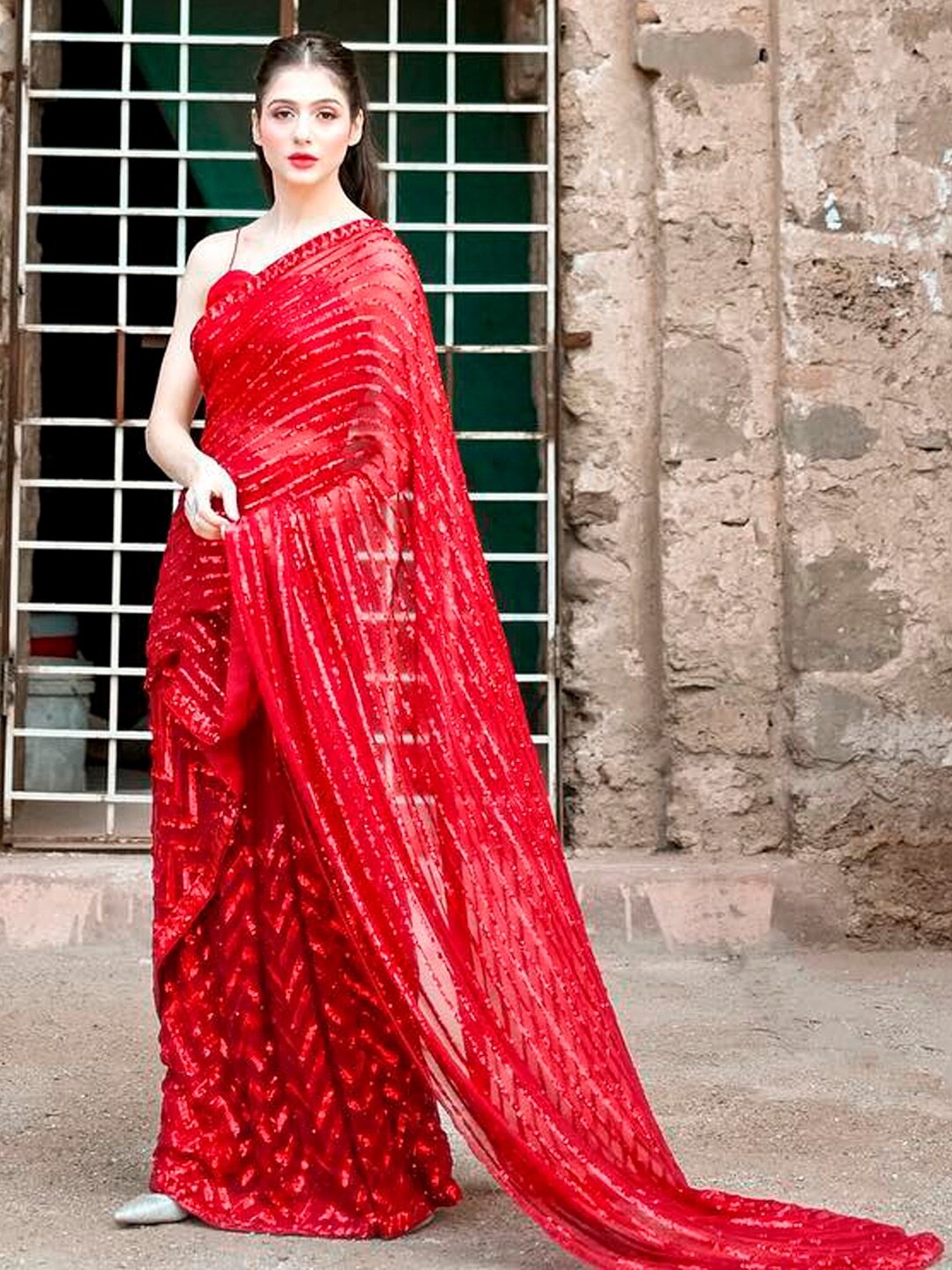 

Anouk Red Embellished Sequinned Pure Georgette Saree