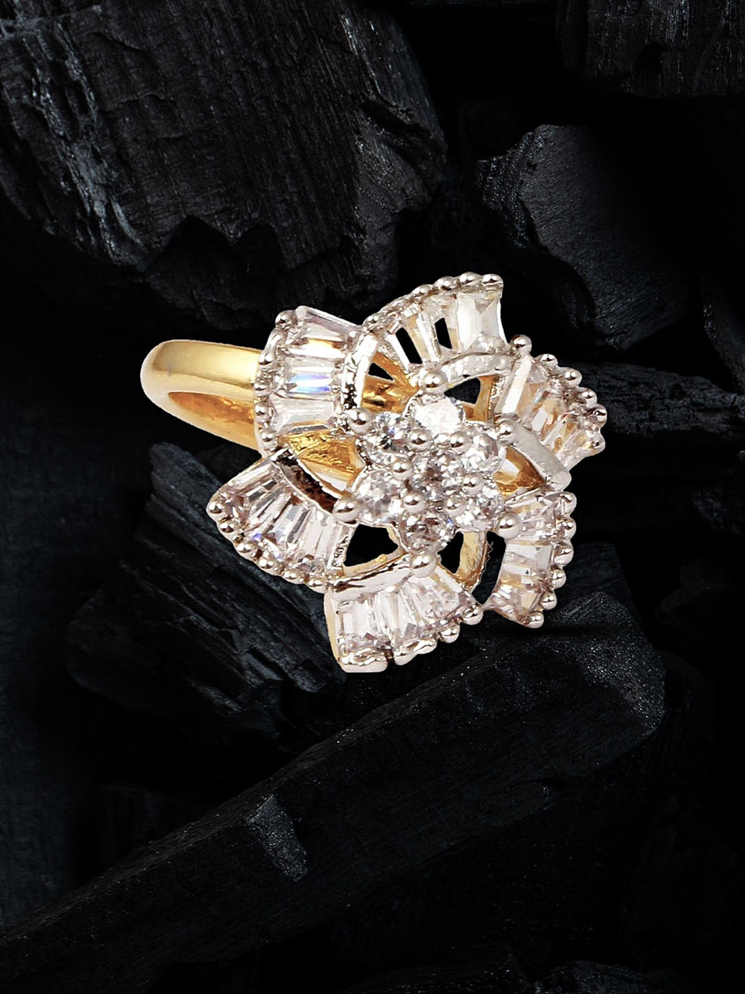 

Adwitiya Collection Gold-Plated Cubic Zirconia Stone-Studded Flower Adjustable Finger Ring