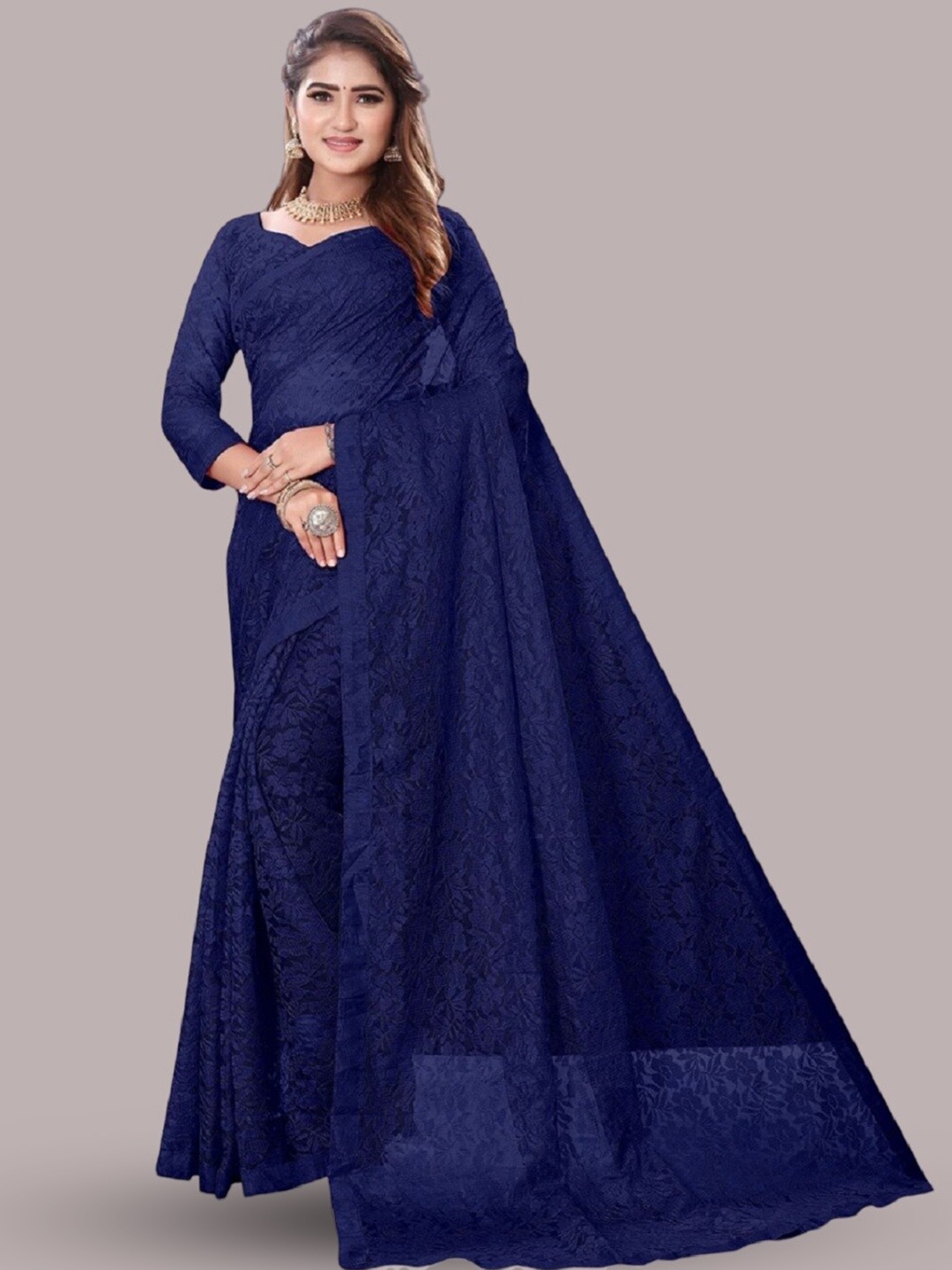 

APNISHA Navy Blue Woven Design Net Saree