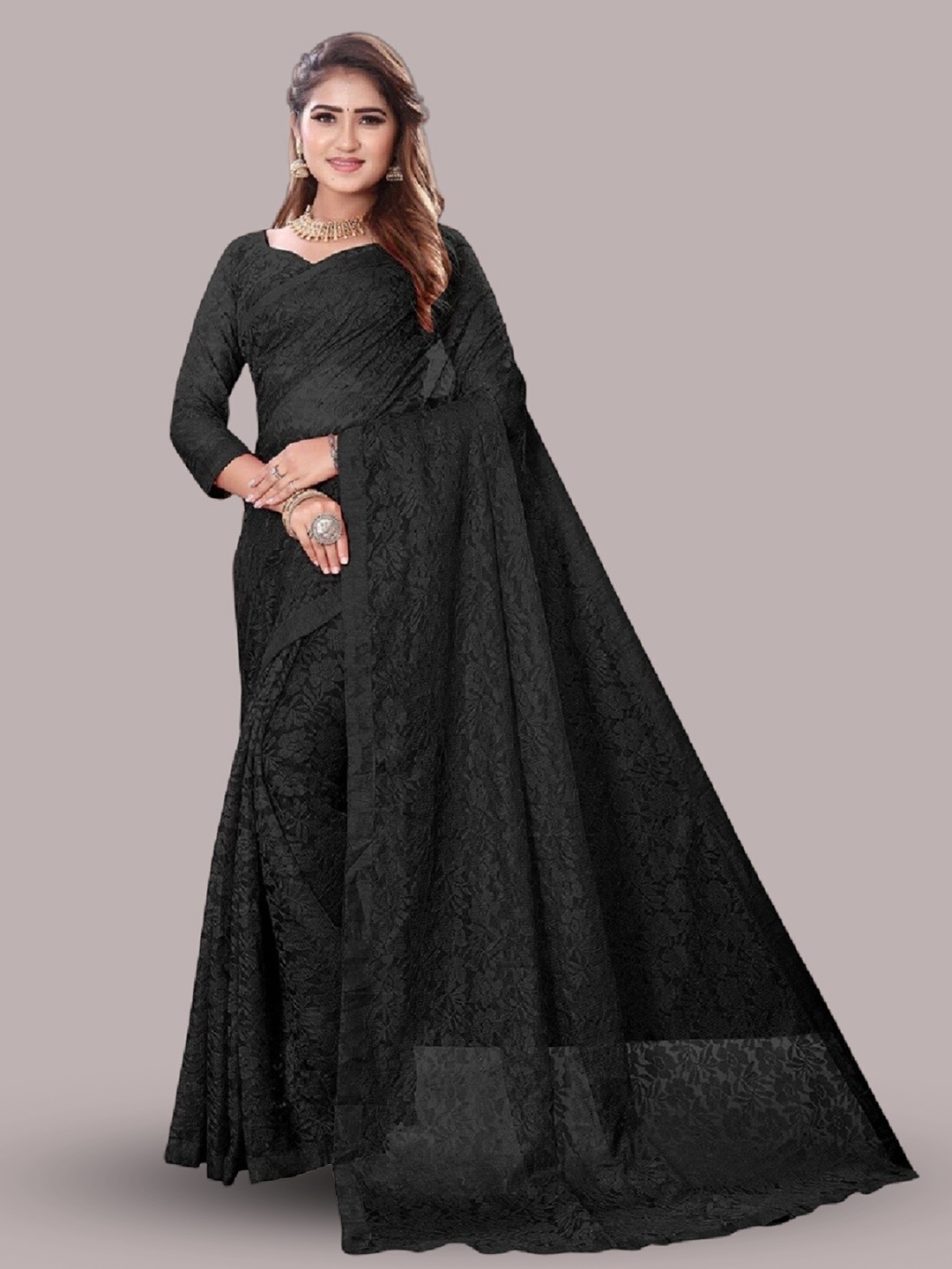

APNISHA Floral Woven Design Net Saree, Black