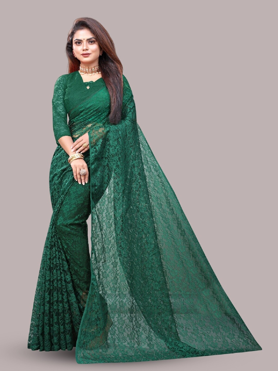 

APNISHA Floral Woven Design Net Saree, Green