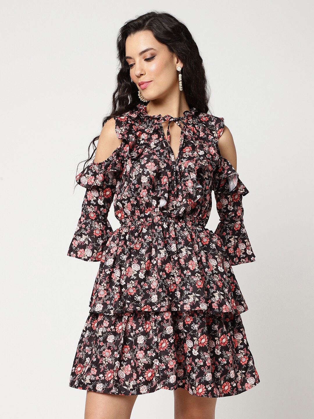 

Zima Leto Floral Printed Tie Up Neck Ruffles Fit and Flare Dress, Black