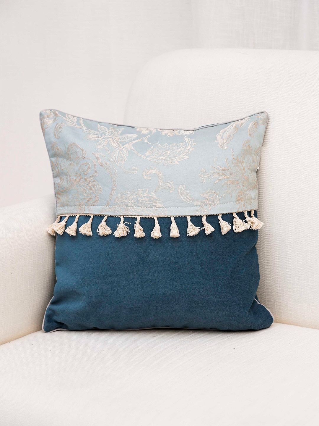 

Ariana Blue & Navy Blue Ethnic Motifs Jacquard Square Cushion Cover