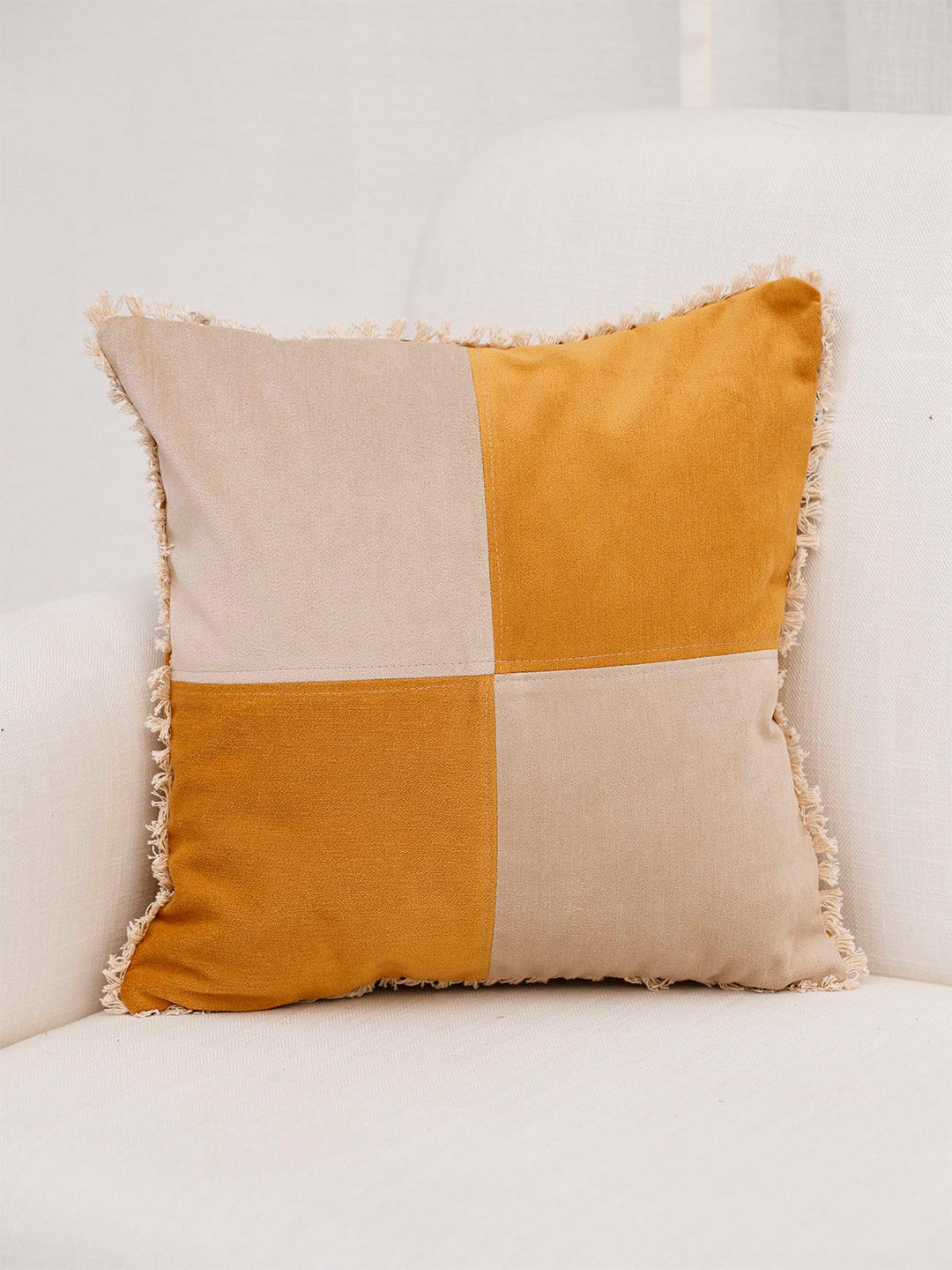 

Ariana Mustard Yellow & Beige Colourblocked Velvet Square Cushion Cover