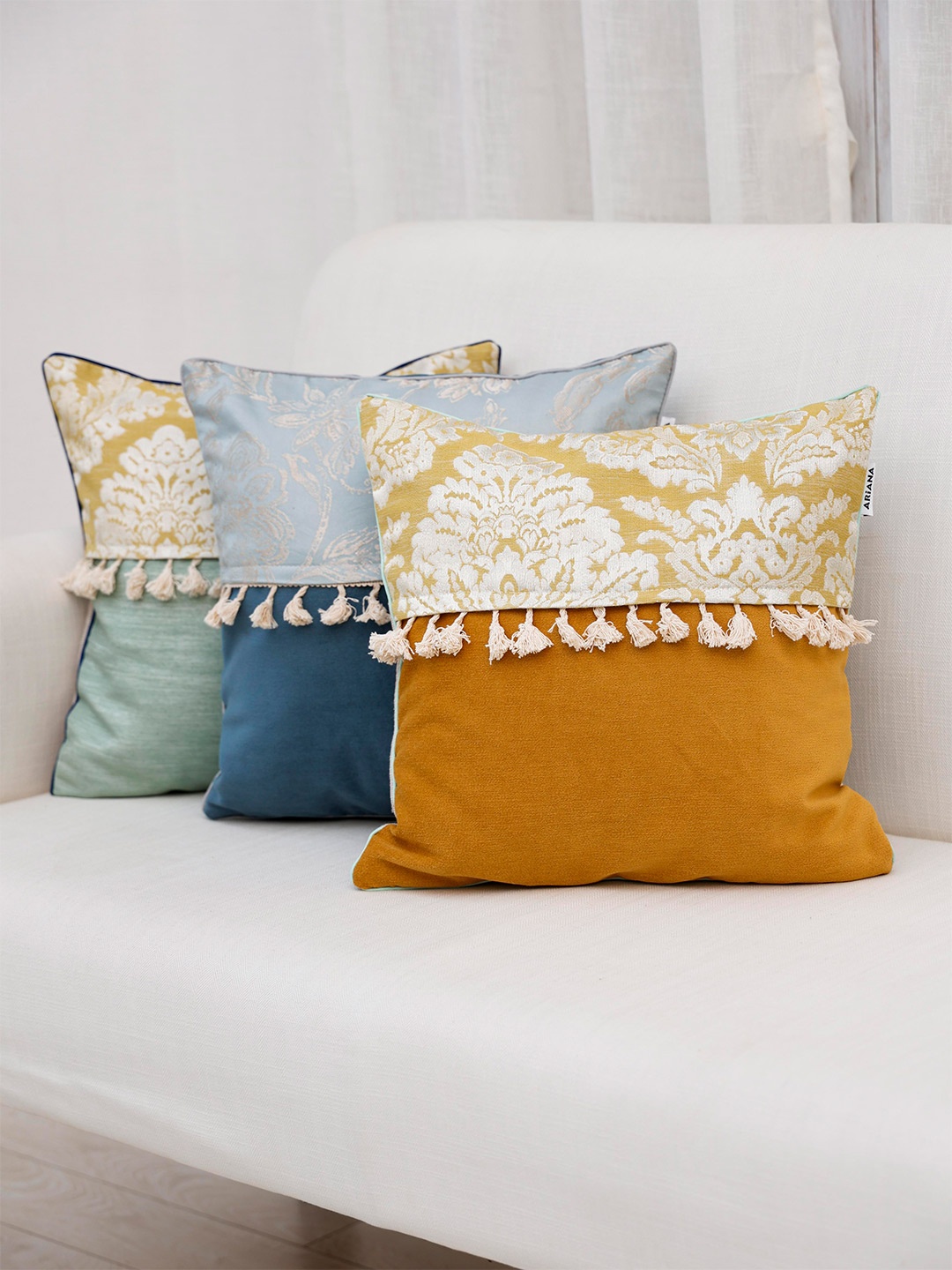 

Ariana 3 Pcs Mustard Yellow & Blue Jacquard Square Cushion Covers