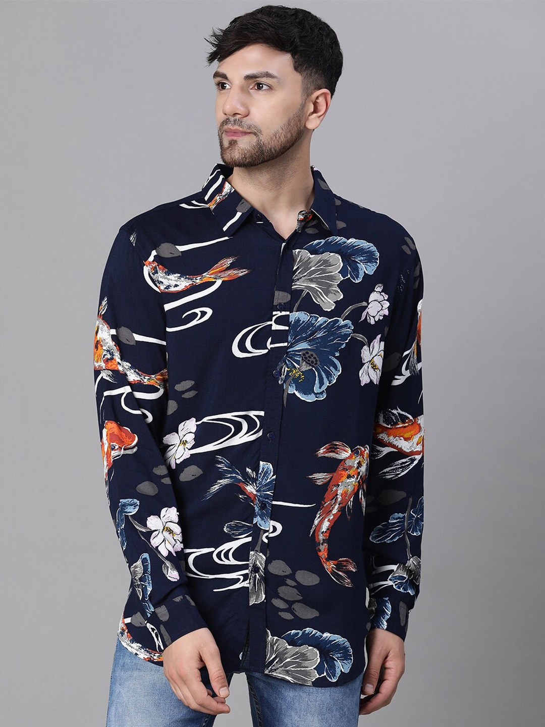 

Oxolloxo Relaxed Floral Printed Casual Shirt, Navy blue