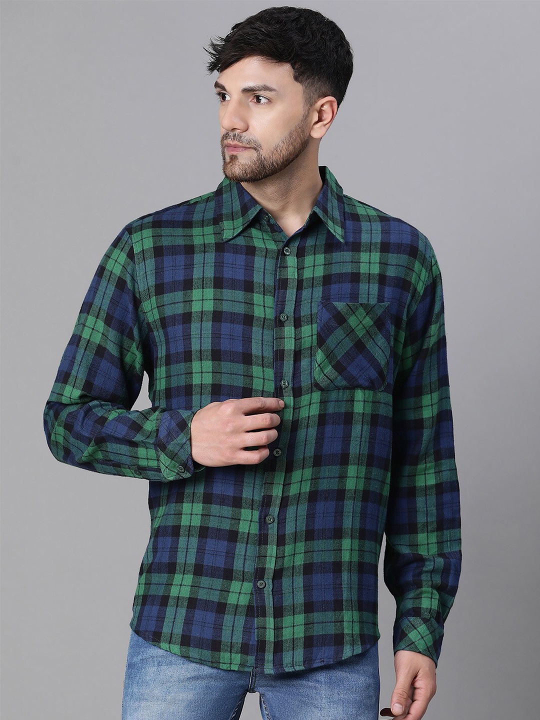 

Oxolloxo Relaxed Tartan Checked Spread Collar Cotton Casual Shirt, Green