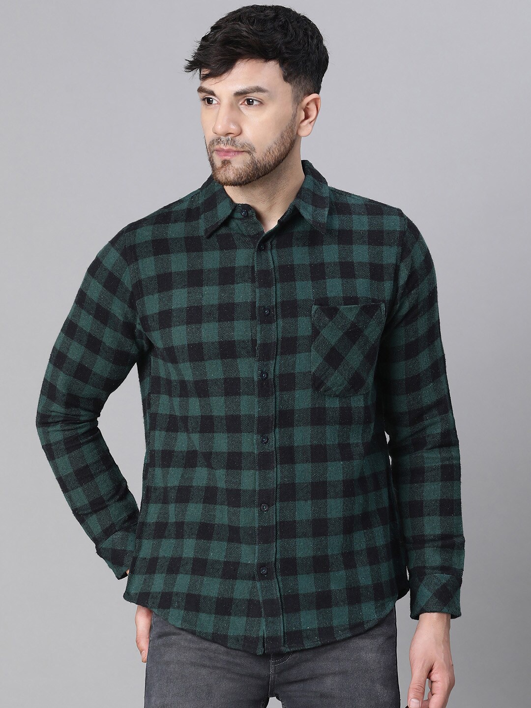 

Oxolloxo Relaxed Buffalo Checked Spread Collar Cotton Casual Shirt, Green