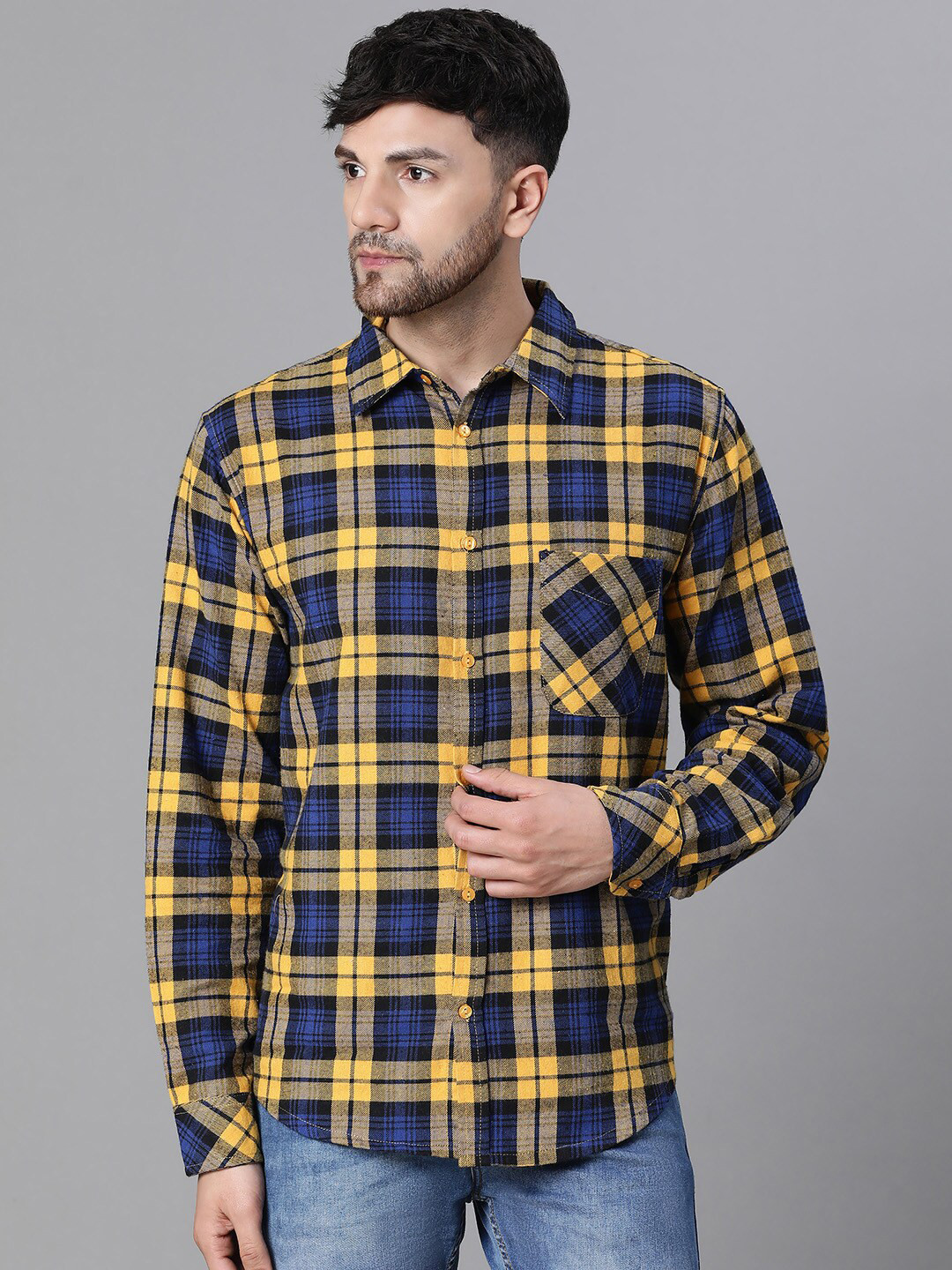 

Oxolloxo Relaxed Tartan Checks Cotton Casual Shirt, Yellow