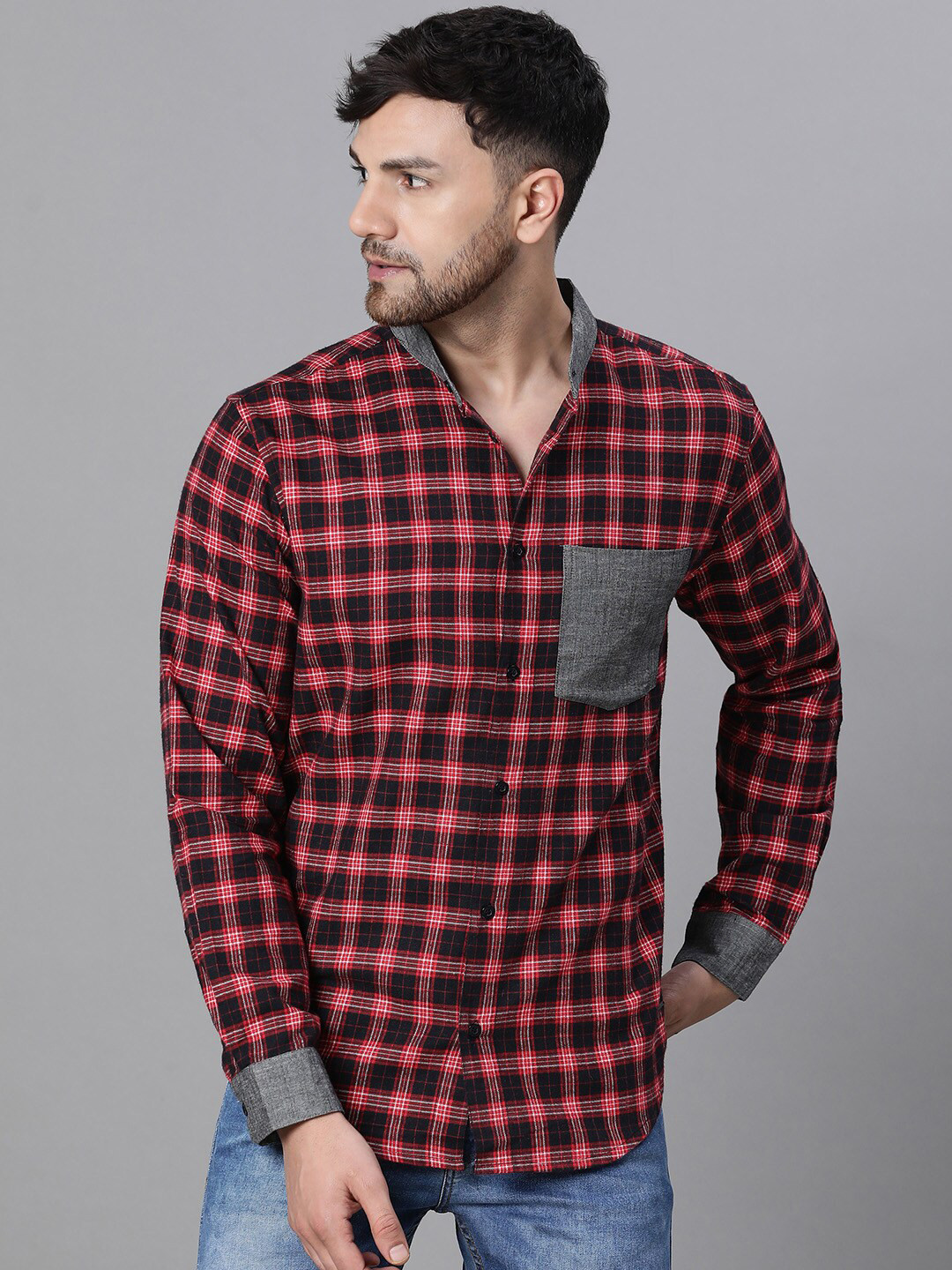 

Oxolloxo Relaxed Buffalo Checked Band Collar Cotton Casual Shirt, Red