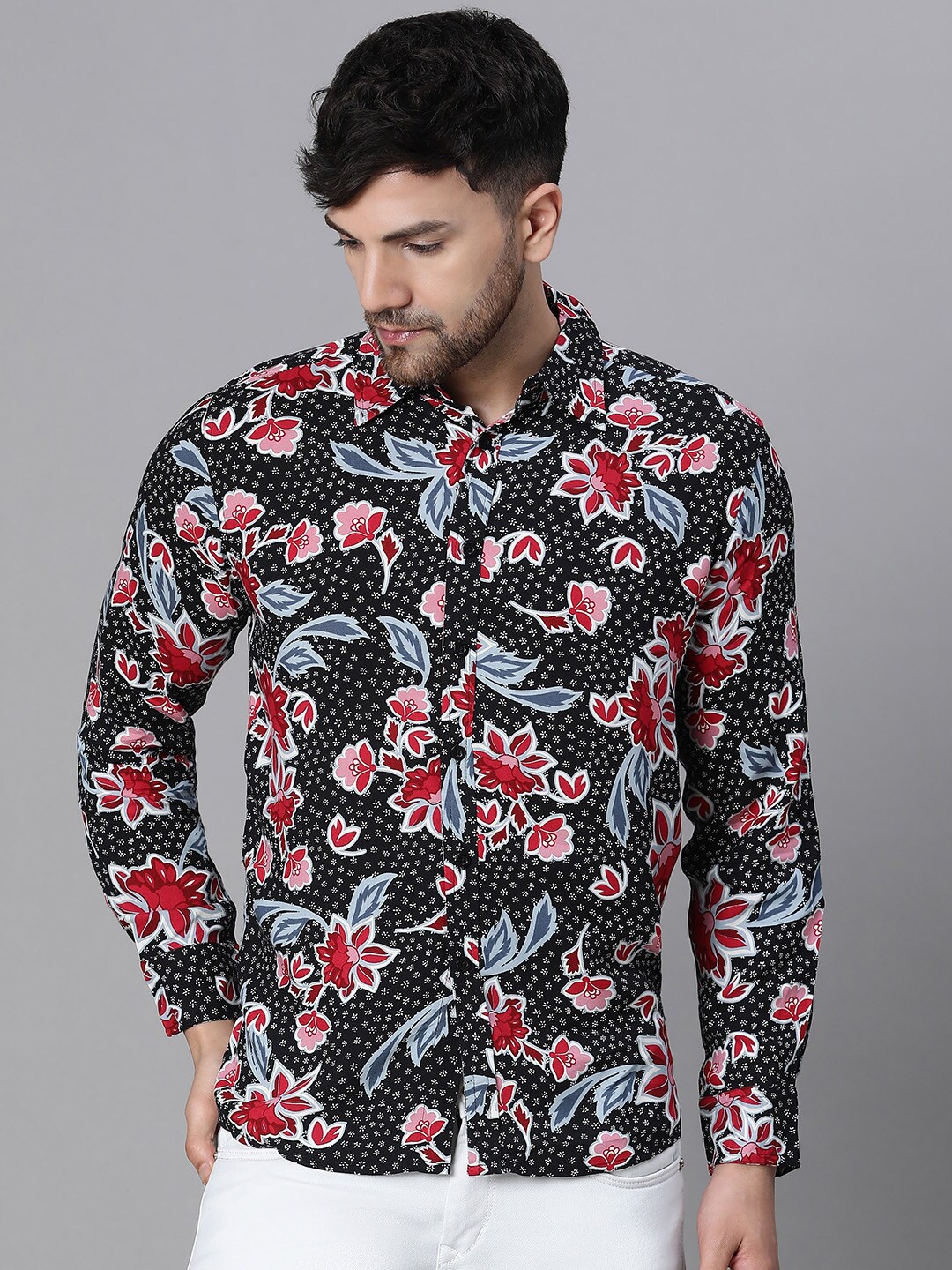 

Oxolloxo Relaxed Floral Printed Wrinkle Free Casual Shirt, Black