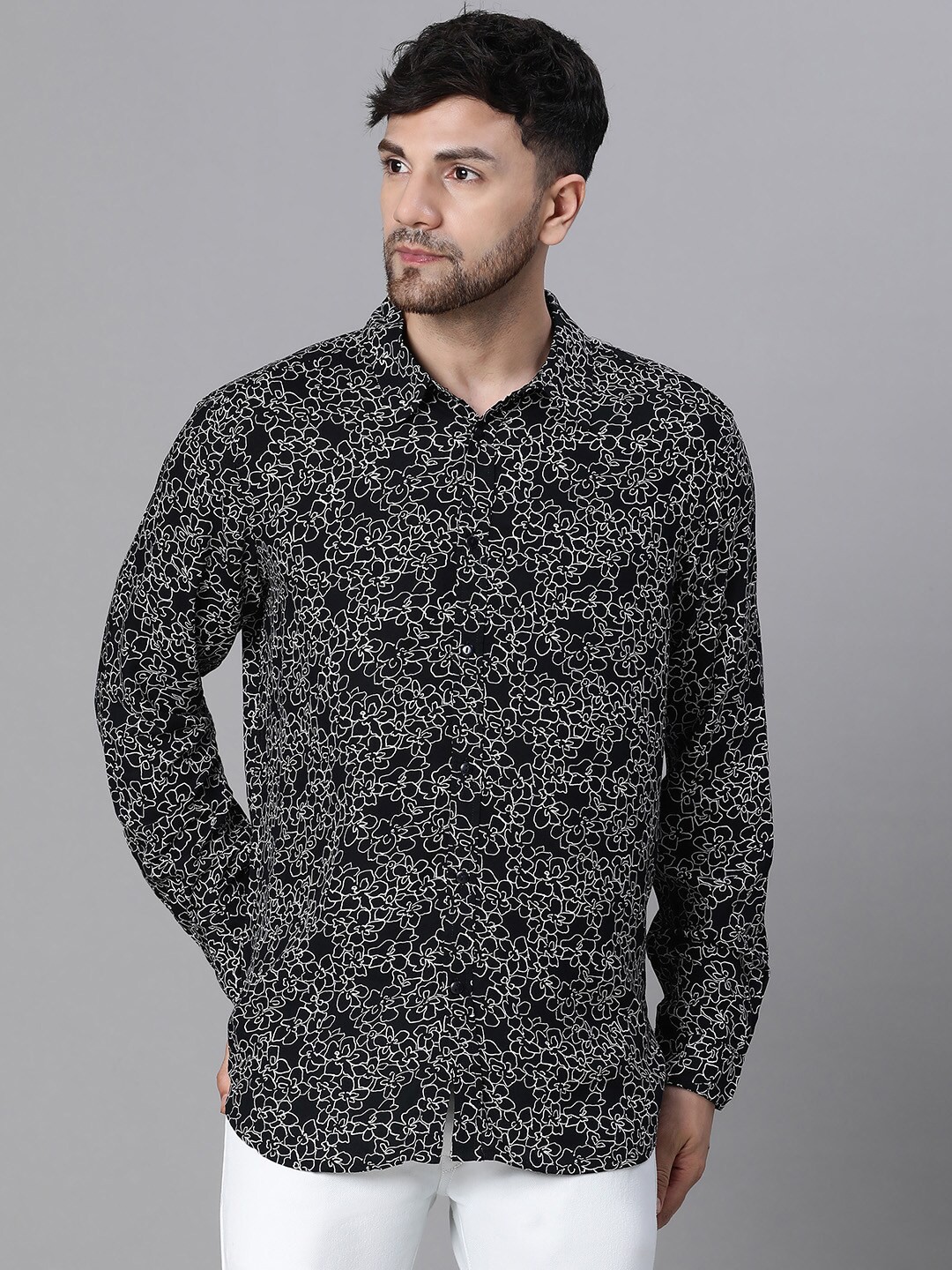 

Oxolloxo Relaxed Floral Printed Spread Collar Casual Shirt, Black