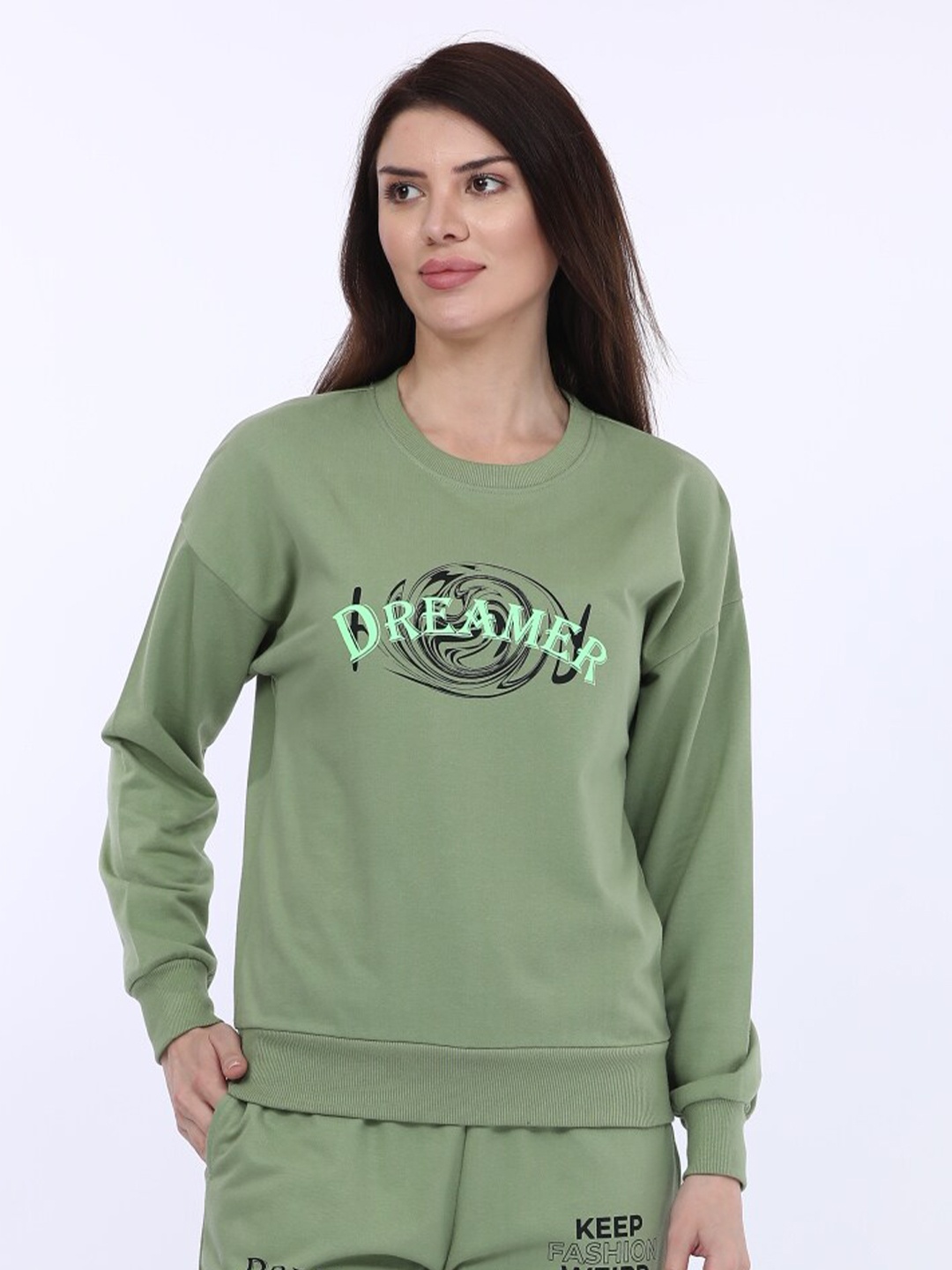 

MAYSIXTY Typography Printed Drop Shoulder Sleeves Cotton T-shirt, Green