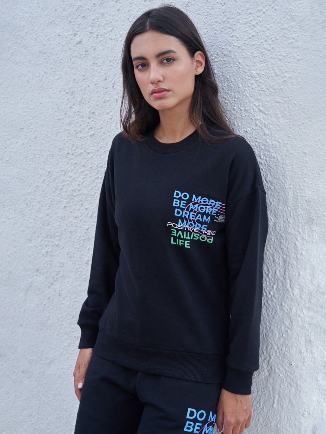 

MAYSIXTY Typography Printed Drop Shoulder Sleeves Cotton T-shirt, Black