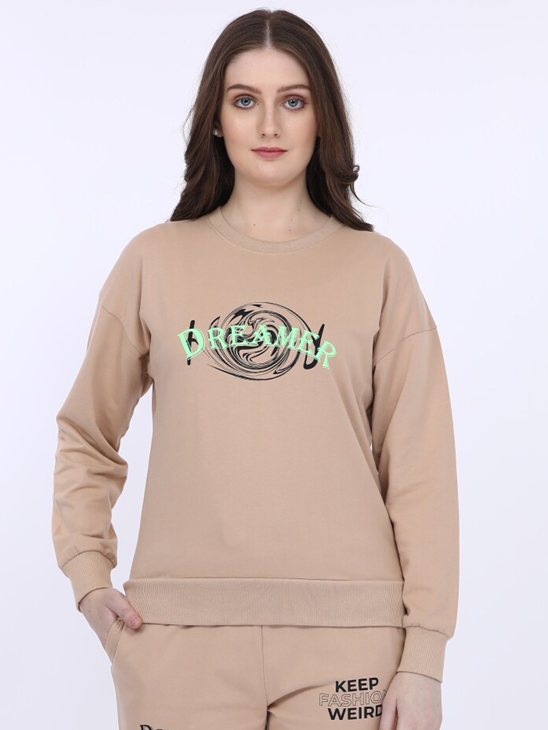 

MAYSIXTY Typography Printed Drop Shoulder Sleeves Cotton T-shirt, Beige